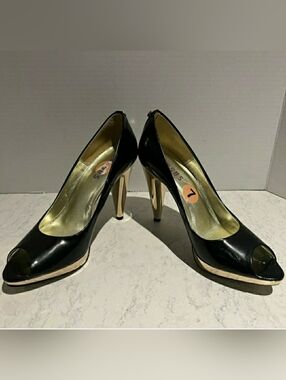 Versus (Versace) Black and Gold Peep-Toe High Heel Pumps, sz 7 (us).